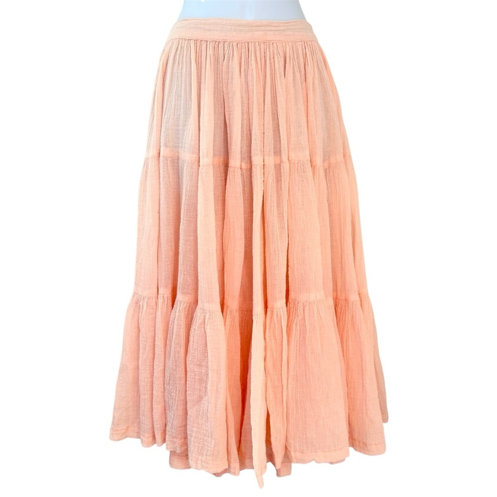 Martha of Taos Vtg 70s Peach Cotton Tiered Broomstick Skirt Size S Boho Prairie